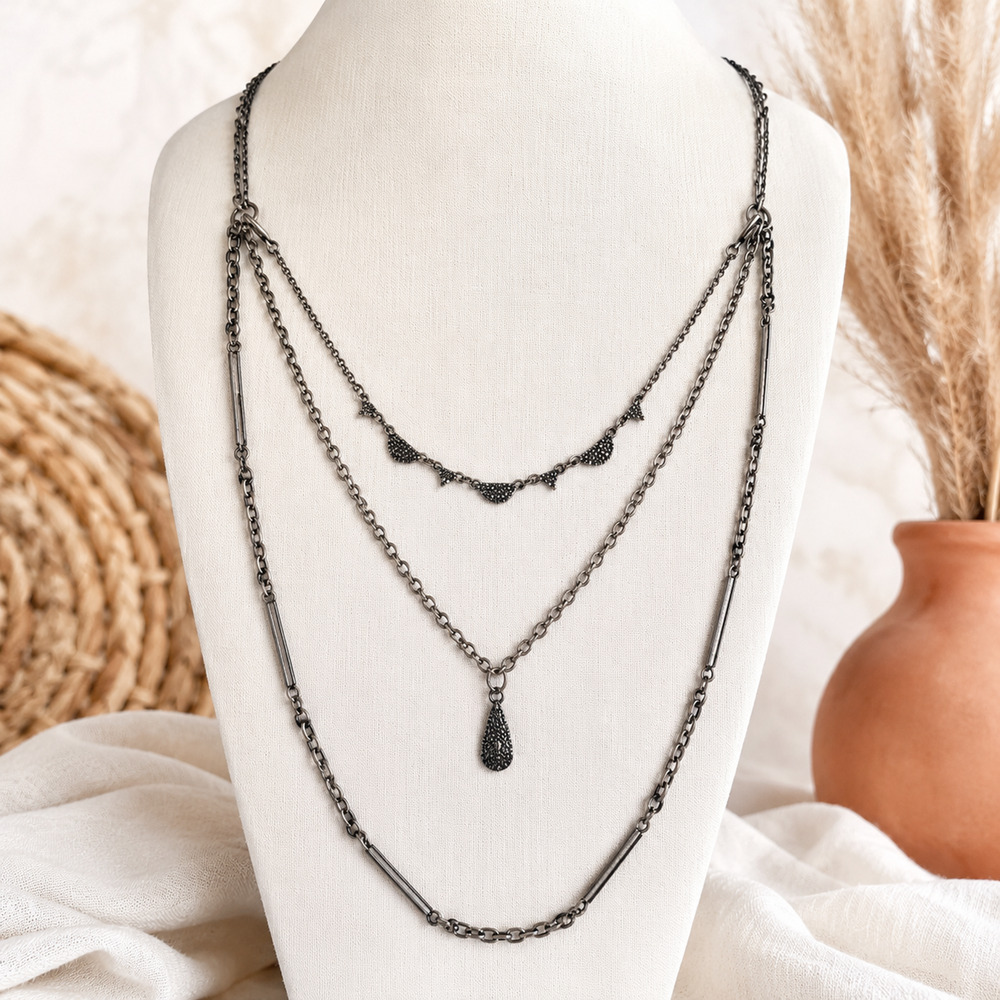Lucky Brand 32" Convertible Triple Strand Necklace Gunmetal Boho Teardrop